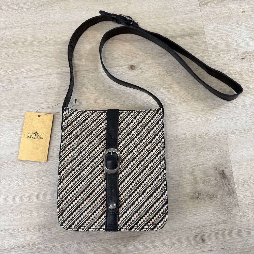 NWT Patricia Nash Venezia Raffia Woven Crossbody Bag Black Ivory Leather Boho